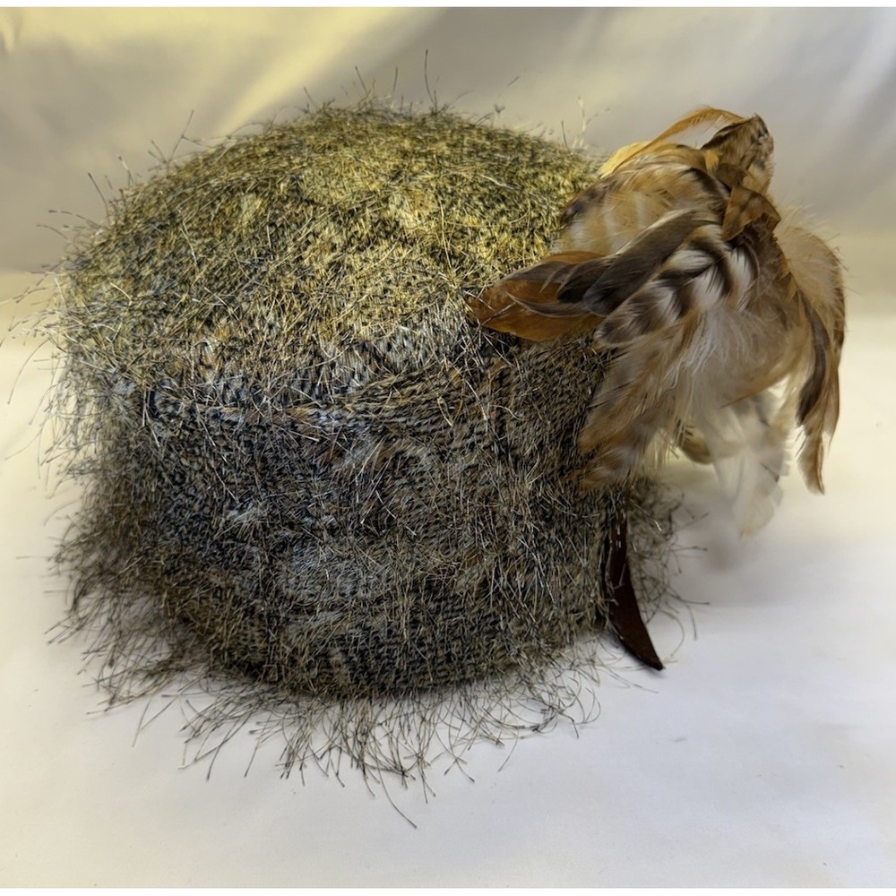 Vtg Pillbox Style Whittall & Shon USA Womens Hat Feathers Fuzzy Gray Brown Wool